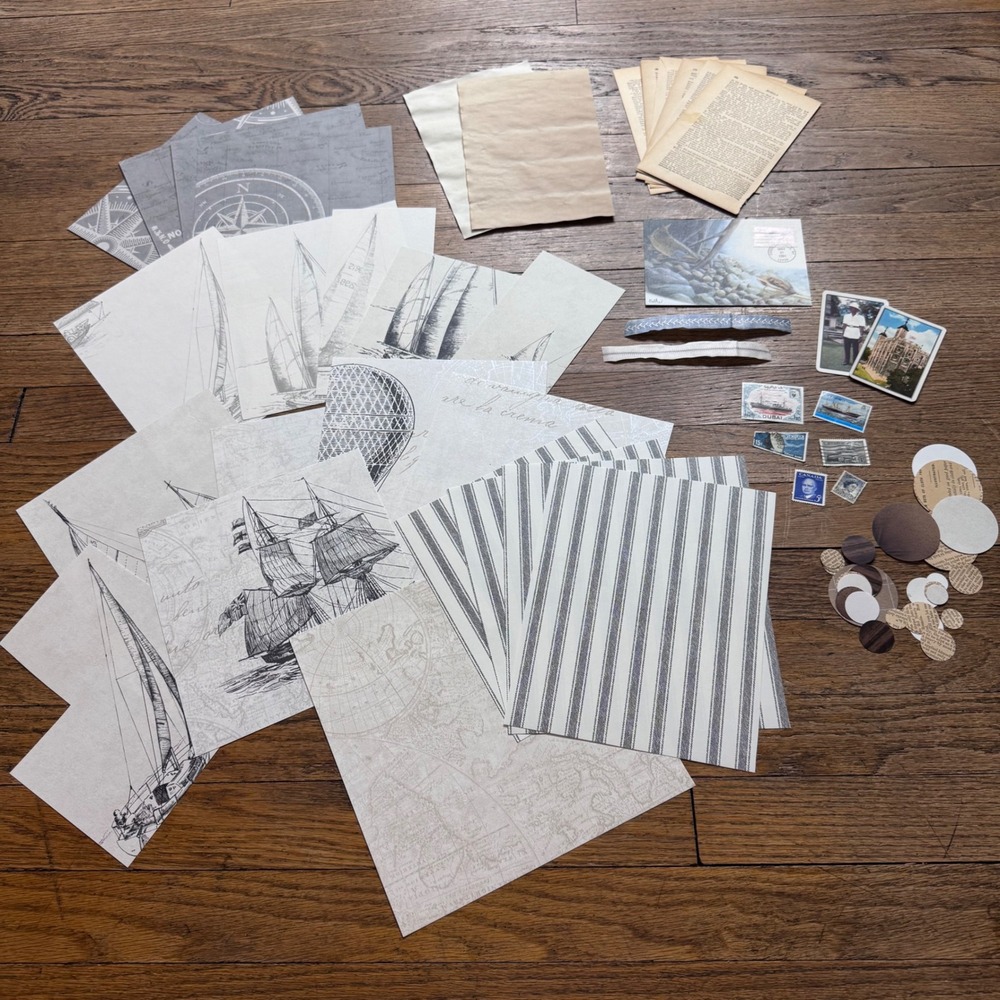 Junk journal Wallpaper, stamps, circles, cards postcard ephemera pack 2314